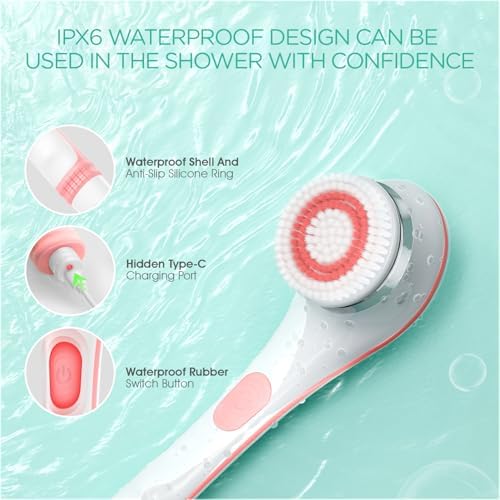 VOYOR Electric Body Brush Back Scrubber for Shower Rechargeable Exfoliating Bath Brush Powered Shower Brush with Non-Slip Long Handle Deep Cleansing, Exfoliation, Massaging Spin Brush BC100 (Pink) - Image 6