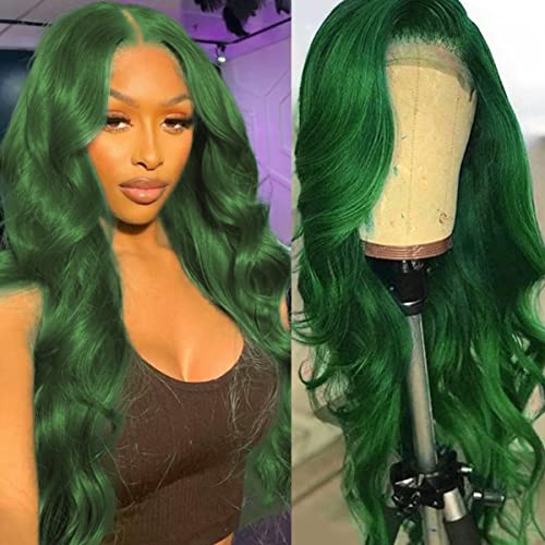 Green Lace Front Wigs Human Hair Body Wave 13x4 HD Lace Frontal Wig Pre Plucked with Baby Hair Dark Green Colored Brazilian Lace Front Human Hair Wigs Glueless 150% Density 18 inch
