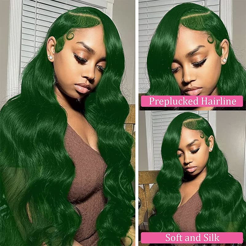 Green Lace Front Wigs Human Hair Body Wave 13x4 HD Lace Frontal Wig Pre Plucked with Baby Hair Dark Green Colored Brazilian Lace Front Human Hair Wigs Glueless 150% Density 18 inch - Image 3