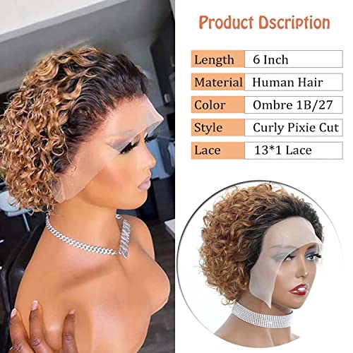 Ombre Blonde Pixie Cut Lace Front Wigs 6 inch Human Hair 13X1 Pixie Cut Short Curly Wigs HD Lace Front Wigs Plucked Pixie Curly Wigs for Black Women (6 Inch, 1B/27#) - Image 2