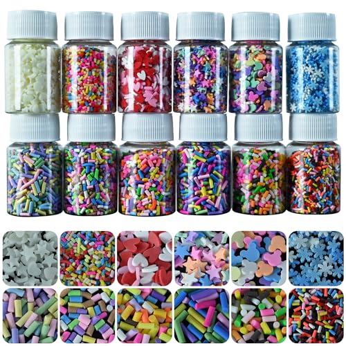 Fake Sprinkles 12 Jars 180g Polymer Clay Sprinkles Fake Candy Sprinkles Faux Sprinkle for Resin Slime Craft Plastic Sprinkle Nail Art Phone Case DIY Shaker Card Filler (12 Mixed Colors-180G)