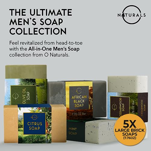O Naturals 5PC Mens Soap Gift Sets, Gifts for Men, Organic Bar Soap for Men, Mens Gift Set Exfoliating Soap Cedarwood & Mint, Mens Bar Soap in Citrus, Olive Oil, African Black Soap, Soap Gifts For Men - Image 2