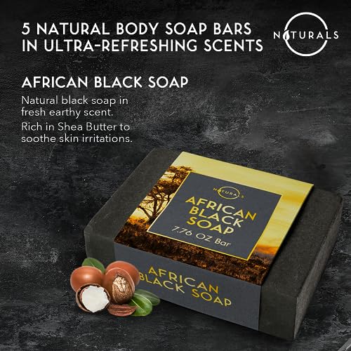 O Naturals 5PC Mens Soap Gift Sets, Gifts for Men, Organic Bar Soap for Men, Mens Gift Set Exfoliating Soap Cedarwood & Mint, Mens Bar Soap in Citrus, Olive Oil, African Black Soap, Soap Gifts For Men - Image 3