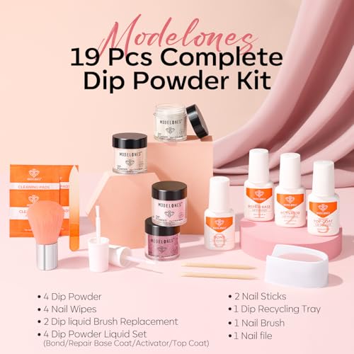 Modelones Dip Powder Nail Kit, 4 Colors White Nude Pink Glitter Dipping Starter Set with Liquid and Complete Accessories for French Nails Art Salon DIY at Home Manicure - Image 2