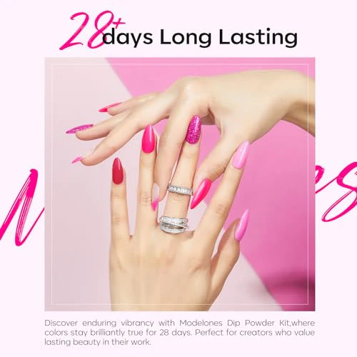 Modelones Dip Powder Nail Kit, 4 Colors Valentine's Day Hot Pink Glitter Dipping Starter Set with Liquid and Complete Accessories for French Nails Art Salon DIY at Home Manicure - Image 4