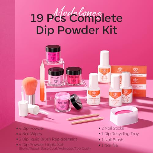 Modelones Dip Powder Nail Kit, 4 Colors Valentine's Day Hot Pink Glitter Dipping Starter Set with Liquid and Complete Accessories for French Nails Art Salon DIY at Home Manicure - Image 7