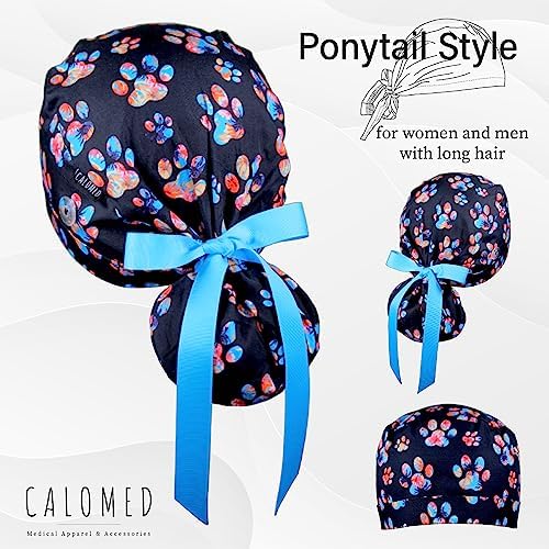 Scrub Cap for Women and Men, Ponytail Scrub Caps, Working Hat, Head Cover with Ribbon Ties and Buttons, Long Hair - Image 2