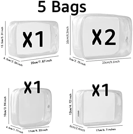 5 Pack Clear Plastic Zippered Toiletry Carry Pouch TSA Approved Toiletry Bag Portable Cosmetic Makeup Bag for Vacation, Bathroom and Organizing (White, Mixed Size) - Image 2