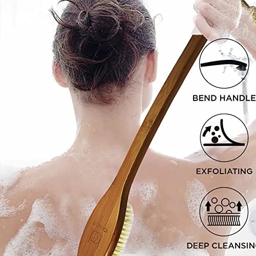 ICANdOIT-17.71Inch Natural Stiff Sisal Bristles Anti-Slip Long Handle Bath Brush,Bent Handle Shower Scrubber for Exfoliating,Shower Back Brush,Exfoliation Set with Pumice Stone(1 Pack) - Image 2