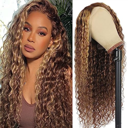 Ombre Highlight Deep Wave Lace Front Wigs Human Hair 4/27 Color 13x4 Curly Lace Front Wigs for Black Women 180% Density Human Hair wigs Pre Plucked with Baby Hair (4/27 Deep Wave Wig,18 Inch)