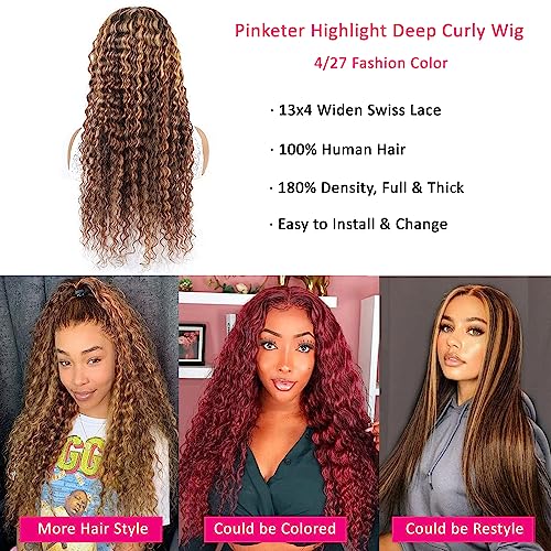 Ombre Highlight Deep Wave Lace Front Wigs Human Hair 4/27 Color 13x4 Curly Lace Front Wigs for Black Women 180% Density Human Hair wigs Pre Plucked with Baby Hair (4/27 Deep Wave Wig,18 Inch) - Image 4