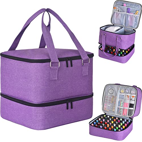 Nail Polish Organizer Case - Holds 42+ Bottles (15ml/0.5 fl.oz) and 1 Nail Lamp, Upgraded Double-layer Nail Polish Carrying Case Nail Polish Storage Bag with Handles (Purple)