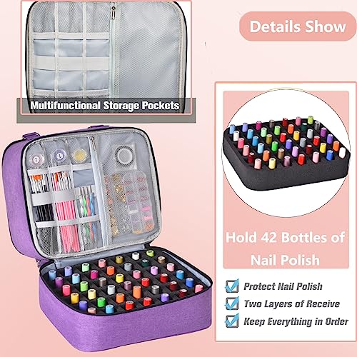 Nail Polish Organizer Case - Holds 42+ Bottles (15ml/0.5 fl.oz) and 1 Nail Lamp, Upgraded Double-layer Nail Polish Carrying Case Nail Polish Storage Bag with Handles (Purple) - Image 3
