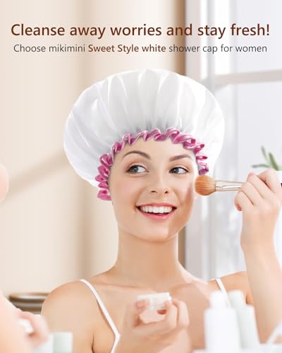 mikimini White Large Shower Caps for Women Long Hair Pack of 2, Reusable Waterproof Double Layers Bathing Hair Cap Soft Comfortable PEVA Lining, Cute, Non-fading & Stretchy Shower Hat X-Large - Image 5