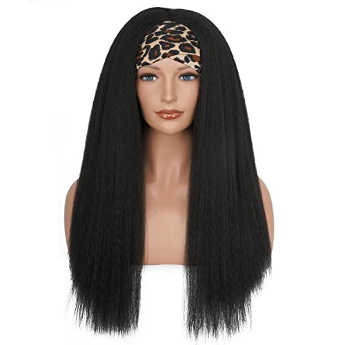 Kinky Straight Headband Wig, Soft & Natural as Human Hair, Glueless Headband Wigs for Black Women, Long Black Italian Yaki Synthetic Half Wig (1B Natural Black, 24 Inch) - Image 2