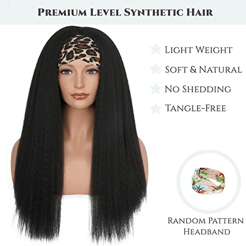 Kinky Straight Headband Wig, Soft & Natural as Human Hair, Glueless Headband Wigs for Black Women, Long Black Italian Yaki Synthetic Half Wig (1B Natural Black, 24 Inch) - Image 3