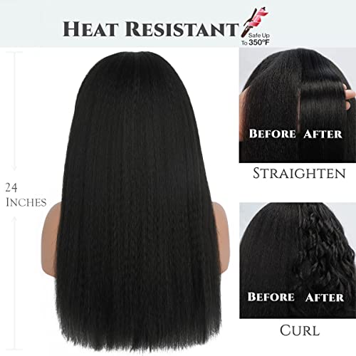 Kinky Straight Headband Wig, Soft & Natural as Human Hair, Glueless Headband Wigs for Black Women, Long Black Italian Yaki Synthetic Half Wig (1B Natural Black, 24 Inch) - Image 4