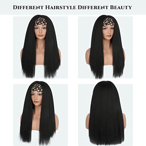 Kinky Straight Headband Wig, Soft & Natural as Human Hair, Glueless Headband Wigs for Black Women, Long Black Italian Yaki Synthetic Half Wig (1B Natural Black, 24 Inch) - Image 5