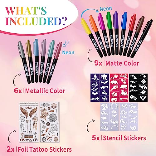 Temporary Tattoo Markers for Skin, 15 Colors Tattoo Pen + 50 Paint Stencils + 43 Tattoos Stickers, Glitter & Matte & Neon Glow Body Marker Set, Removable Fake Tattoos Kit for Teens and Adult - Image 2