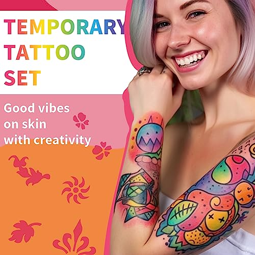 Temporary Tattoo Markers for Skin, 15 Colors Tattoo Pen + 50 Paint Stencils + 43 Tattoos Stickers, Glitter & Matte & Neon Glow Body Marker Set, Removable Fake Tattoos Kit for Teens and Adult - Image 3