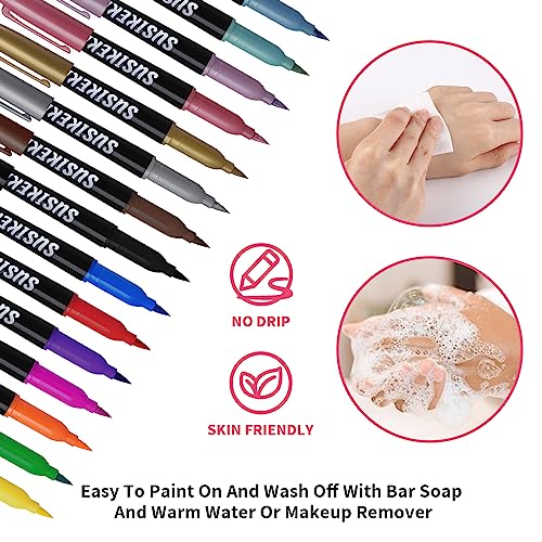 Temporary Tattoo Markers for Skin, 15 Colors Tattoo Pen + 50 Paint Stencils + 43 Tattoos Stickers, Glitter & Matte & Neon Glow Body Marker Set, Removable Fake Tattoos Kit for Teens and Adult - Image 4