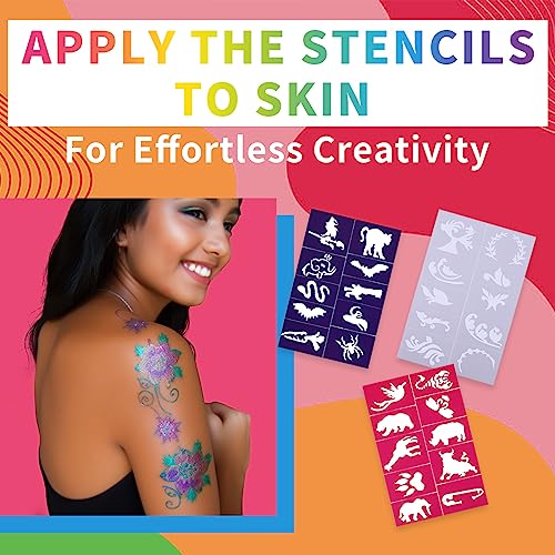 Temporary Tattoo Markers for Skin, 15 Colors Tattoo Pen + 50 Paint Stencils + 43 Tattoos Stickers, Glitter & Matte & Neon Glow Body Marker Set, Removable Fake Tattoos Kit for Teens and Adult - Image 5