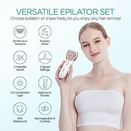 VOYOR Epilator for Women, 3 in 1 Epilator Hair Removal for Women, Epilators Hair Remover for Leg Arm with 30 Tweezers, Rechargeable & Cordless Electric Lady Shaver & Trimmer BM300 (Champagne Gold) - Image 2