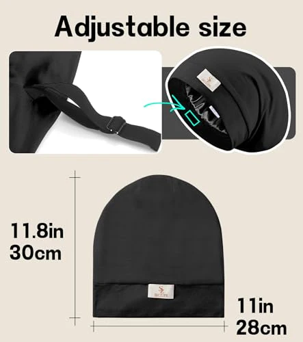 2pcs Silk Satin Bonnet Hair Wrap for Sleeping, Adjustable Strap Curly Natural Hair Night Caps for Women Men(Black&Black) - Image 4