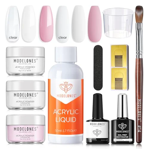 modelones Acrylic Nail Kit - Clear/White/Pink Acrylic Powder and Liquid Set with Acrylic Nail Brush, Nail Dehydrator and Primer, Starter Kit for Acrylic Nail Extension Beginners for Women Gifts