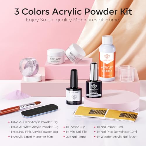 modelones Acrylic Nail Kit - Clear/White/Pink Acrylic Powder and Liquid Set with Acrylic Nail Brush, Nail Dehydrator and Primer, Starter Kit for Acrylic Nail Extension Beginners for Women Gifts - Image 2