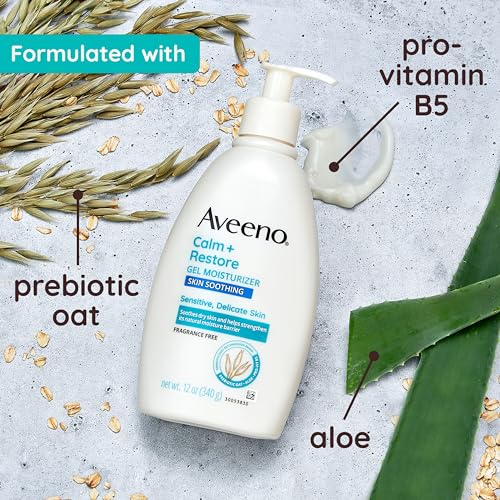 Aveeno Calm + Restore Body Moisturizer Gel for Sensitive Skin, Lightweight Moisturizer to Help Heal Dry Skin with Aloe Vera, Prebiotic Oat and Pro-Vitamin B5, Fragrance Free, 12 OZ - Image 3
