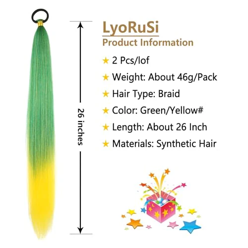 Braided Ponytail Extension With Hair Tie, Straight Wrap with Braid Ponytail Extension Green Yellow Gradient Synthetic Hair Pieces 26 Inch (Green/Yellow#) - Image 2