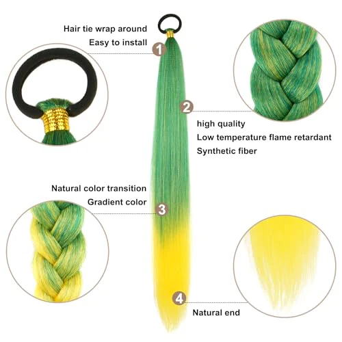 Braided Ponytail Extension With Hair Tie, Straight Wrap with Braid Ponytail Extension Green Yellow Gradient Synthetic Hair Pieces 26 Inch (Green/Yellow#) - Image 3