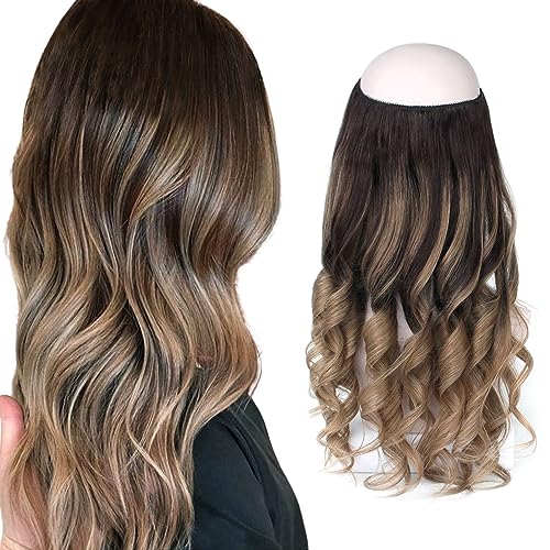 Sassina Invisible Wire Hair Extensions Real Human Hair with Transparent Wire Adjustable Size Secure Clips Natural Straight Secret Miracle Hairpiece, Balayage 2-6 20 Inch 100 Gram