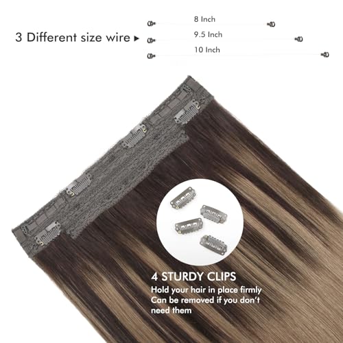 Sassina Invisible Wire Hair Extensions Real Human Hair with Transparent Wire Adjustable Size Secure Clips Natural Straight Secret Miracle Hairpiece, Balayage 2-6 20 Inch 100 Gram - Image 4