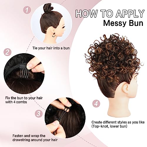 Lommel Messy Bun Hair Piece Short Curly Ponytail Extension Elastic Drawstring Loose Wave Curly Hair Buns Hair Piece Synthetic Hair Extensions Hair Bun for Women Daily Use(Black to Auburn Brown) - Image 4