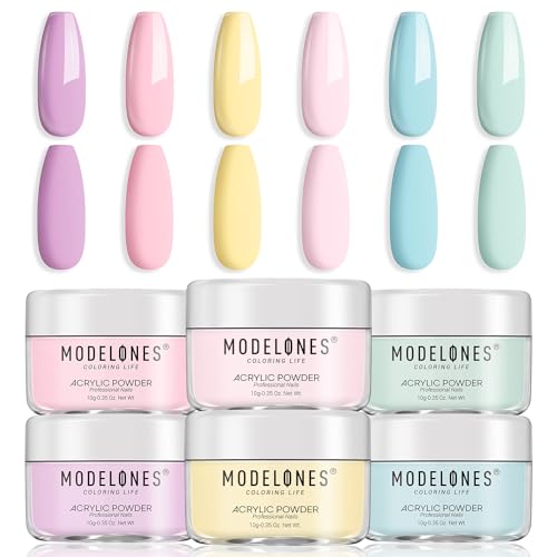 modelones Acrylic Powder, 6 Colors Pastel Pink Yellow Blue Purple Acrylic Nail Powder, Soft Macaron Tones for Spring Easter Acrylic Nail Art 3D Nail Carving French Nail Extension Gift for Women