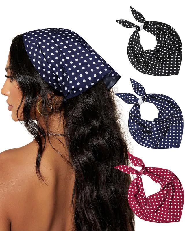 AWAYTR 3Pcs Hair Bandanas Head Kerchief for Women Girls Tie-Back Boho Hair Scarf Headband Bandana Triangle Head Scarf (Polka Dot - Red/Black/Dark Blue)