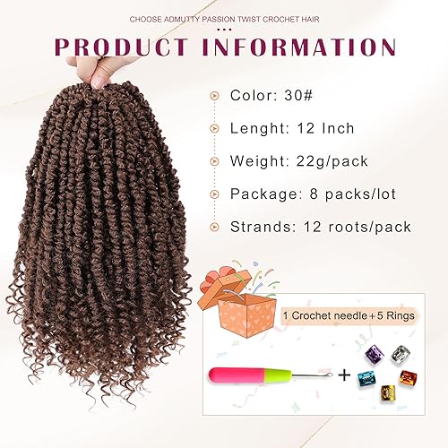 Passion Twist Hair,Pretwisted Crochet Hair 12 Inch,Passion Twist Crochet Hair 8 Packs Pretwisted Passion Twist Hair,Short Pre Looped Crochet Hair for Black Women(30#) - Image 2