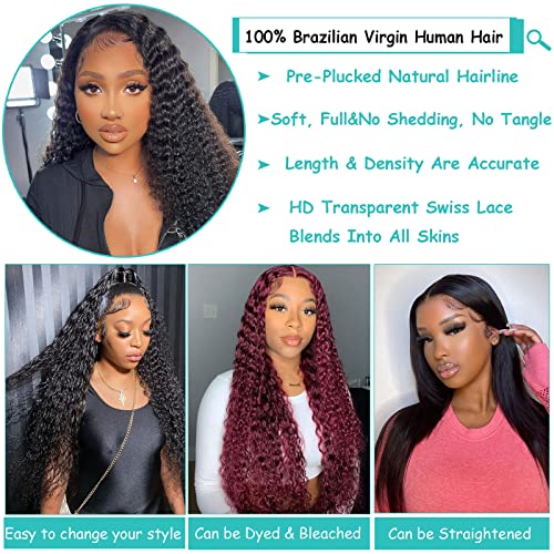 28Inch Deep Wave Lace Front Wigs Human Hair-13x4 HD Transparent Deep Wave Frontal Wigs Glueless Curly Wigs for Women 180% Density Curly Lace Front Wigs Human Hair Pre Plucked with Baby Hair - Image 3