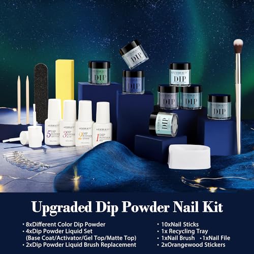 AZUREBEAUTY 30Pcs Dip Powder Nail Kit Starter with Nail Sticks, Glitter Baby Dark Blue 8 Colors Dipping Powder Liquid Set Added Matte Top Coat for Fall Winter Nail Art Manicure Salon DIY Home Gift - Image 7