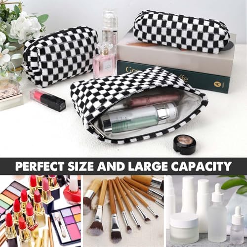 3 Pcs Makeup Bag Cosmetic Bag Set for Girls Women Checkered Travel Organizer Bathroom Toiletry Pouch Large Capacity Storage Bag (Black-White) - Image 2