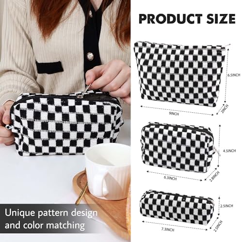 3 Pcs Makeup Bag Cosmetic Bag Set for Girls Women Checkered Travel Organizer Bathroom Toiletry Pouch Large Capacity Storage Bag (Black-White) - Image 3