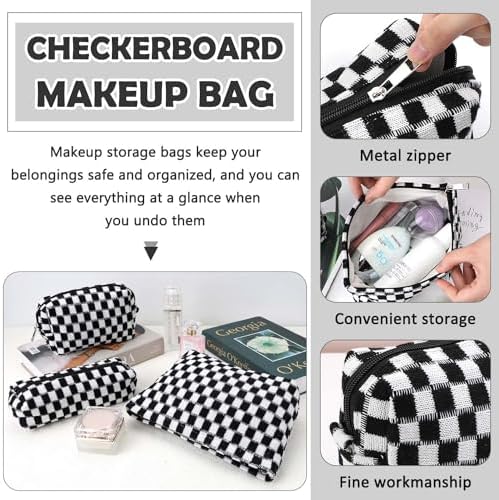 3 Pcs Makeup Bag Cosmetic Bag Set for Girls Women Checkered Travel Organizer Bathroom Toiletry Pouch Large Capacity Storage Bag (Black-White) - Image 4