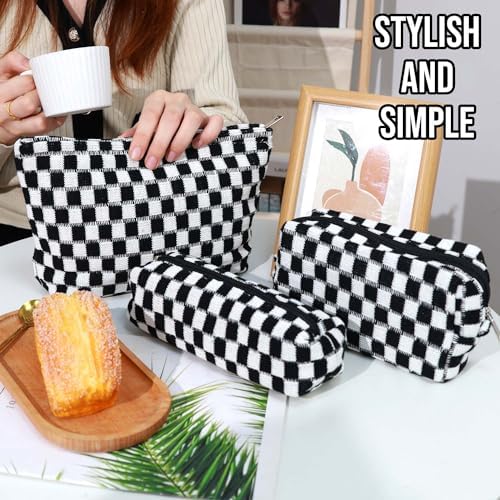 3 Pcs Makeup Bag Cosmetic Bag Set for Girls Women Checkered Travel Organizer Bathroom Toiletry Pouch Large Capacity Storage Bag (Black-White) - Image 5