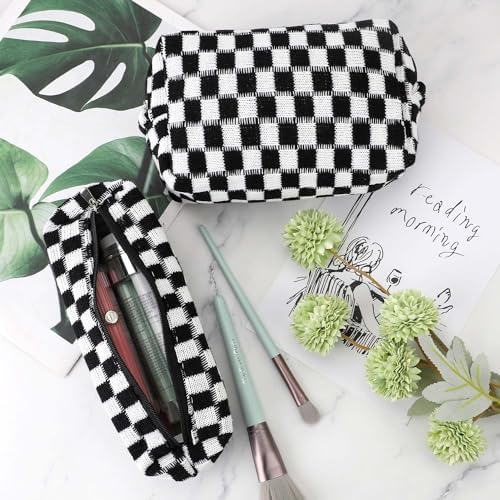 3 Pcs Makeup Bag Cosmetic Bag Set for Girls Women Checkered Travel Organizer Bathroom Toiletry Pouch Large Capacity Storage Bag (Black-White) - Image 6