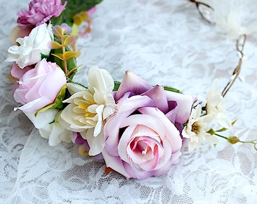 Vivivalue Women Flower Crown Rose Floral Headband Hair Wreath Flower Headpiece Halo Boho with Ribbon Wedding Party Festival Photos - Image 5
