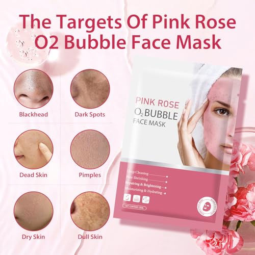 IREV Pack of 10 Pink Rose O2 Bubble Face Masks Skincare - Spa Gifts for Women - Bubble Face Sheet Mask Cleaner Foaming Purifying Facial Mask for Acne and Pores Moisturizing Beauty Sheet Masks - Image 3