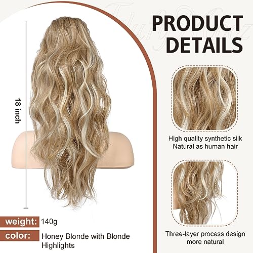 Flufymooz Ponytail Extension, 18 Inch Claw Clip Ponytail Extension, Wavy Curly Claw Clip in Ponytail Hair Extensions, Fake Ponytail Synthetic Hairpiece for Women (Honey Blonde with Blonde Highlights) - Image 2