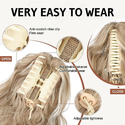 Flufymooz Ponytail Extension, 18 Inch Claw Clip Ponytail Extension, Wavy Curly Claw Clip in Ponytail Hair Extensions, Fake Ponytail Synthetic Hairpiece for Women (Honey Blonde with Blonde Highlights) - Image 3